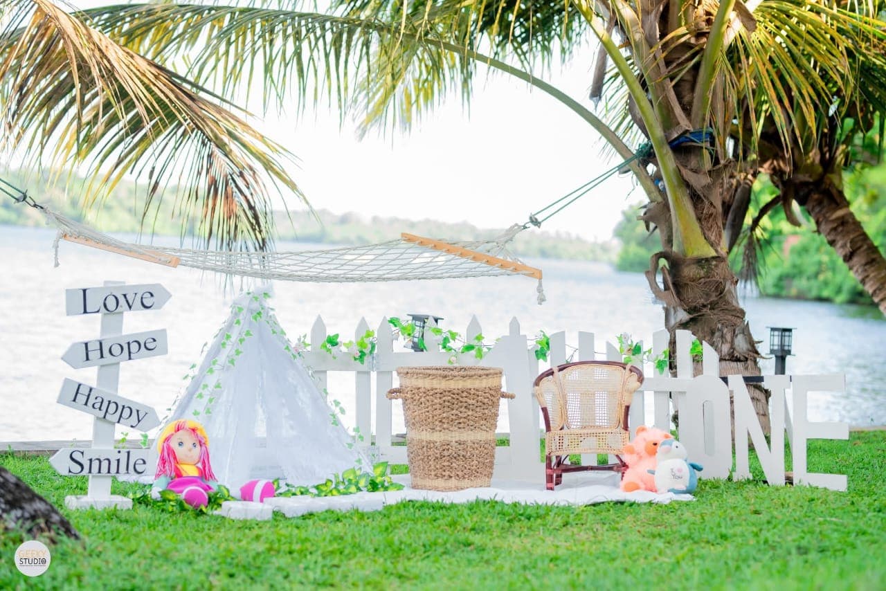 Lakeside birthday decoration setup with tent, hammock, and toys at AquaTrek Rathgama Lake